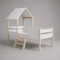 Lit bébé grand lit 90 × 200 cm en bois et MDF, blanc/nature, avec échelle, toit et grille