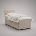 Lit rembourré beige avec matelas 90 × 200 cm, housse polyester, tête de lit rembourrée, dimensions totales 210 × 100 × 110 cm