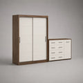 Kit de meubles de 2 pièces en panneau de particules armoire avec 2 portes coulissantes 120 × 52 × 200 cm et commode 90 × 40 × 90 cm, brun noyer/blanc