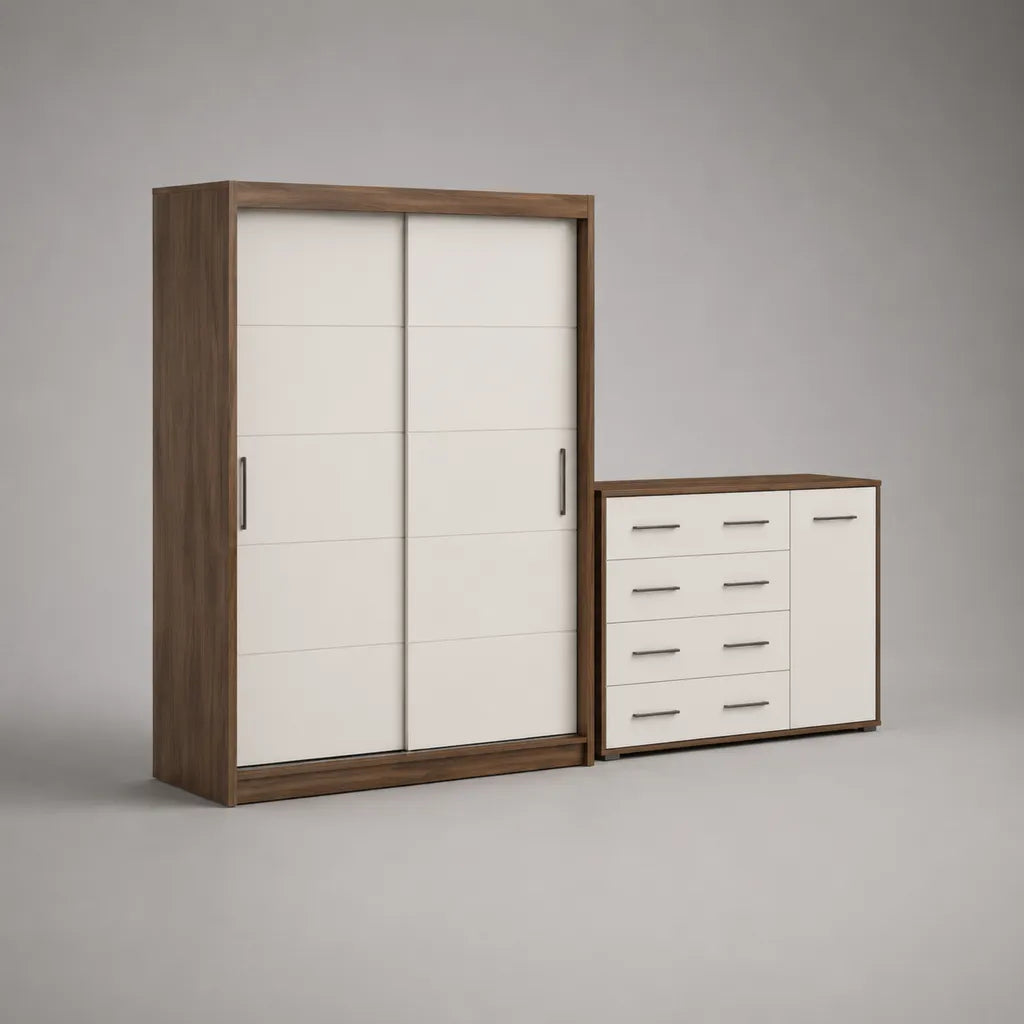 Kit de meubles de 2 pièces en panneau de particules armoire avec 2 portes coulissantes 120 × 52 × 200 cm et commode 90 × 40 × 90 cm, brun noyer/blanc