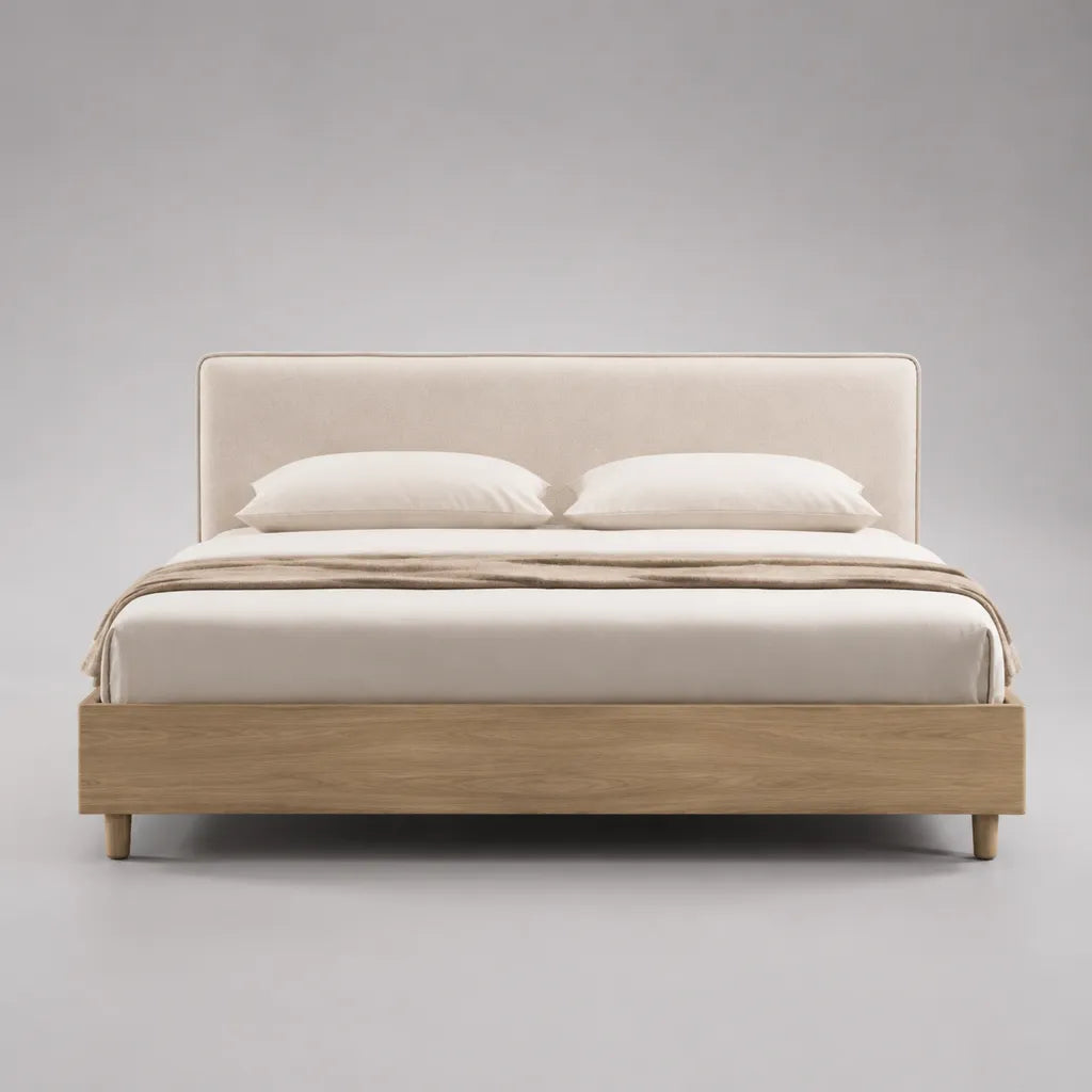 Lit double en placage de chêne avec tête de lit en polyester, beige/nature, couchage 160 × 200 cm
