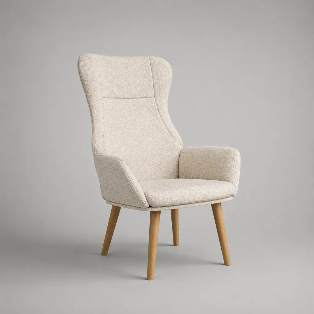 Fauteuil pour oreilles avec dossier haut, Bouclé polyester, blanc cassé, pieds en bois massif, 75 × 82 × 105 cm