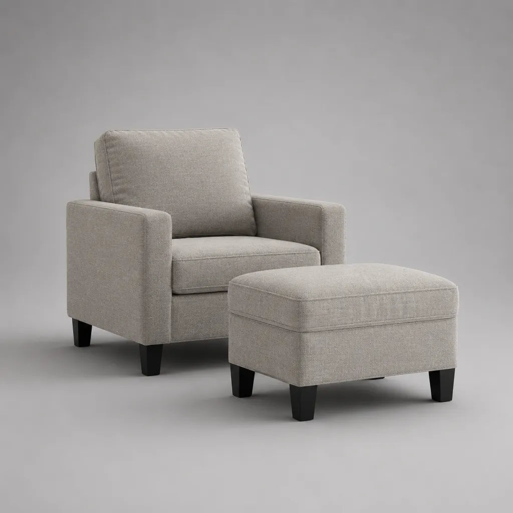 Fauteuil rembourré avec tabouret, 2 pièces, housse en polyester, rembourrage en mousse, gris clair, fauteuil 82 × 86 × 91 cm, tabouret 64 × 51 × 43 cm