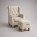 Fauteuil pour oreilles avec tabouret rectangulaire, 2 parties, housse en polyester, pieds en bois massif, crème, fauteuil 75 × 82 × 105 cm, tabouret 52 × 42 × 40 cm