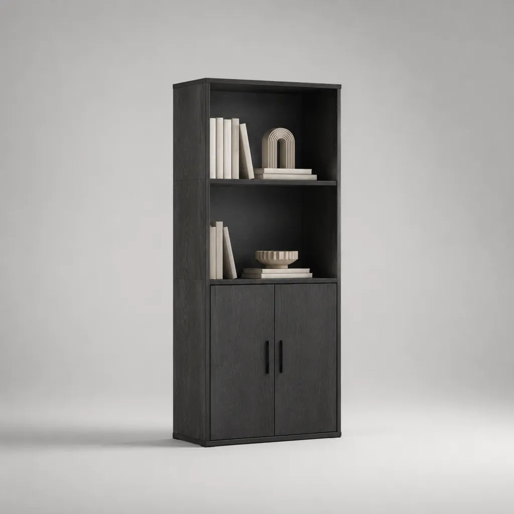 Bibliothèque avec 2 portes en panneau de particules recouvert de mélamine, noir, 80 × 35 × 180 cm