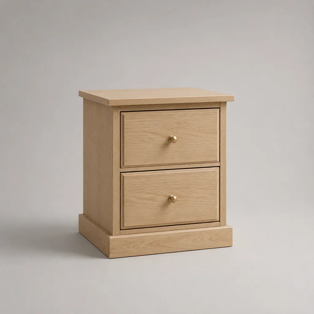 Table de chevet avec 2 tiroirs en MDF et placage de chêne, Chêne Nature, 45 × 40 × 60 cm