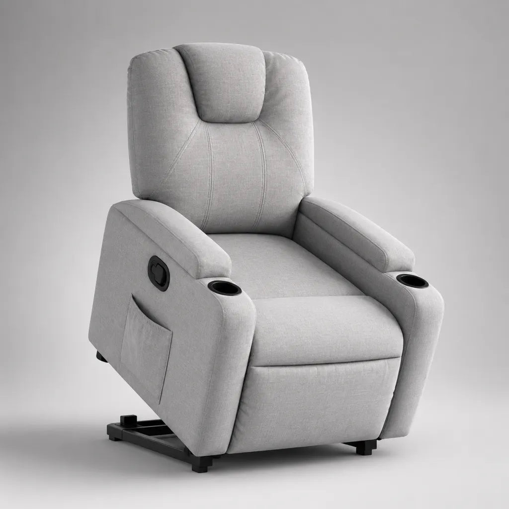 Fauteuil relax en tissu à couche manuelle, cadre en acier et 2 supports de boissons, gris clair/noir, 82 × 92 × 105 cm