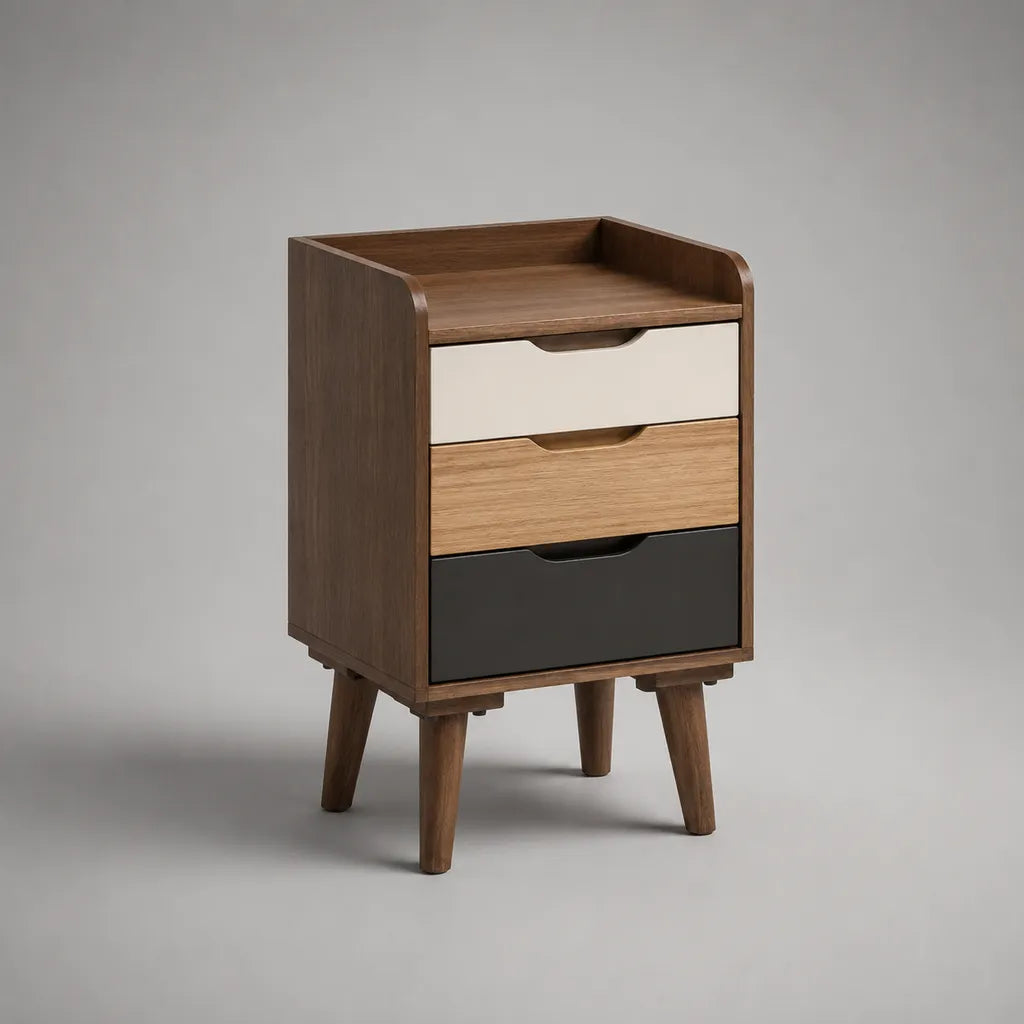Table de chevet avec 3 tiroirs en MDF et pieds en caoutchouc, marron de noix, beige, bois naturel et noir, 40 × 35 × 65 cm