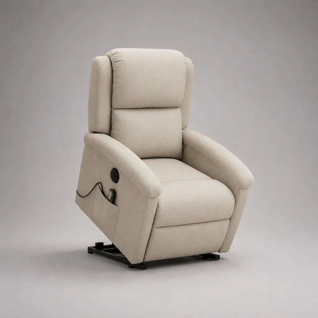 Fauteuil d'appui électrique avec couchette, revêtement en polyester et structure en acier, beige/noir, 76 × 90 × 105 cm