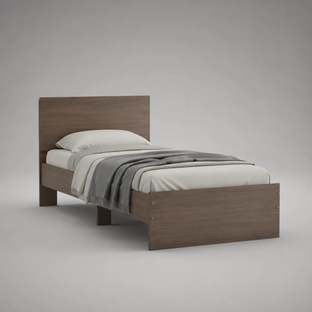 Lit simple en panneau de particules recouvert de résine mélaminique, brun en optique bois, surface plane 90 × 190 cm, dimension extérieure 198 × 96 × 100 cm