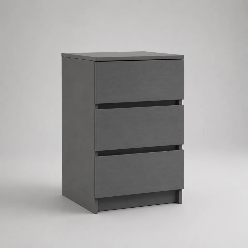 Table de chevet grise en panneau de particules recouvert de mélamine avec 3 tiroirs, 40 × 35 × 60 cm