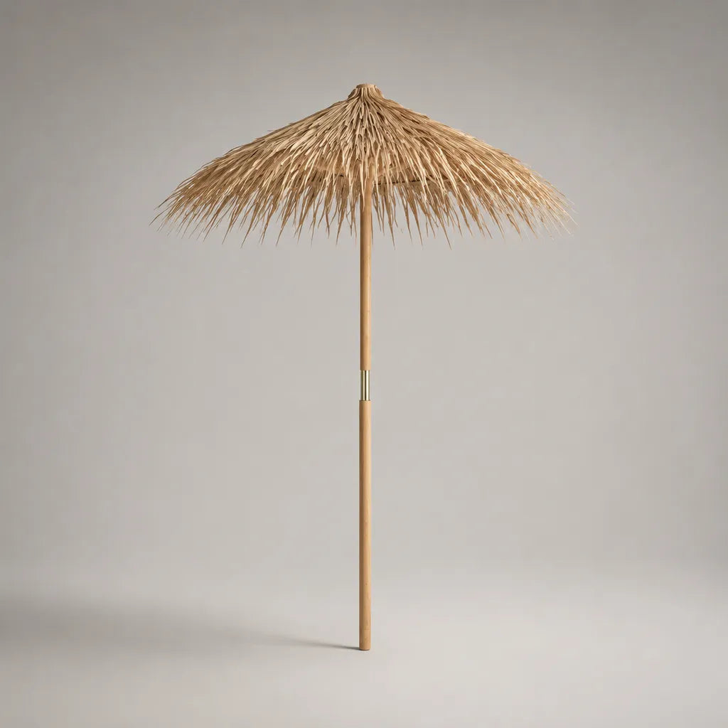 Parasol de Jardin rond en feuilles de palmier et bambou, beige naturel, Ø 180 × H 220 cm