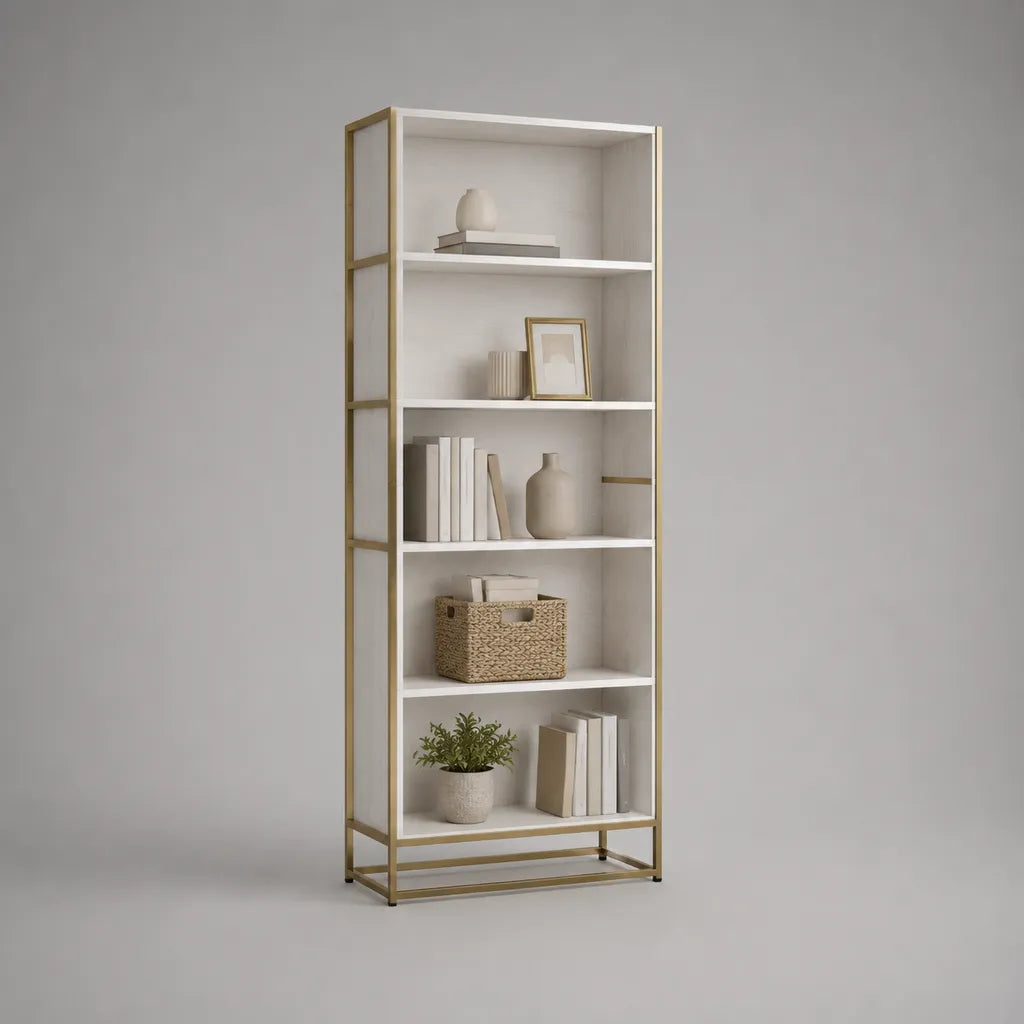 Bibliothèque, étagère en MDF et acier revêtu de poudre, blanc/or, 180 × 70 × 30 cm