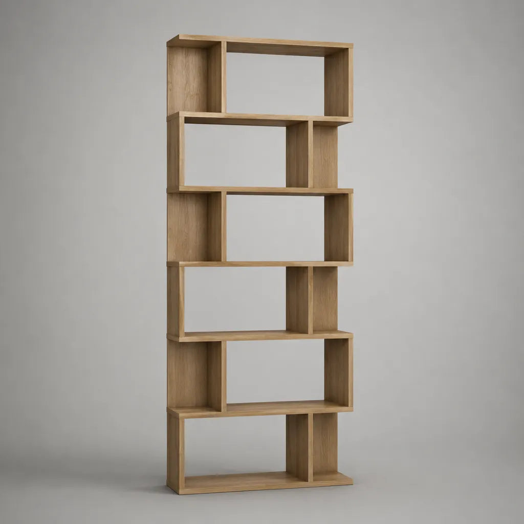 Bibliothèque étagère en bois, 6 niveaux ouverts, asymétrique, chêne naturel, 75 × 25 × 190 cm