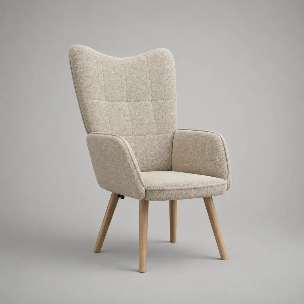 Fauteuil avec accoudoirs et dossier courbé, tissu et bois, beige/nature, 72 × 78 × 103 cm