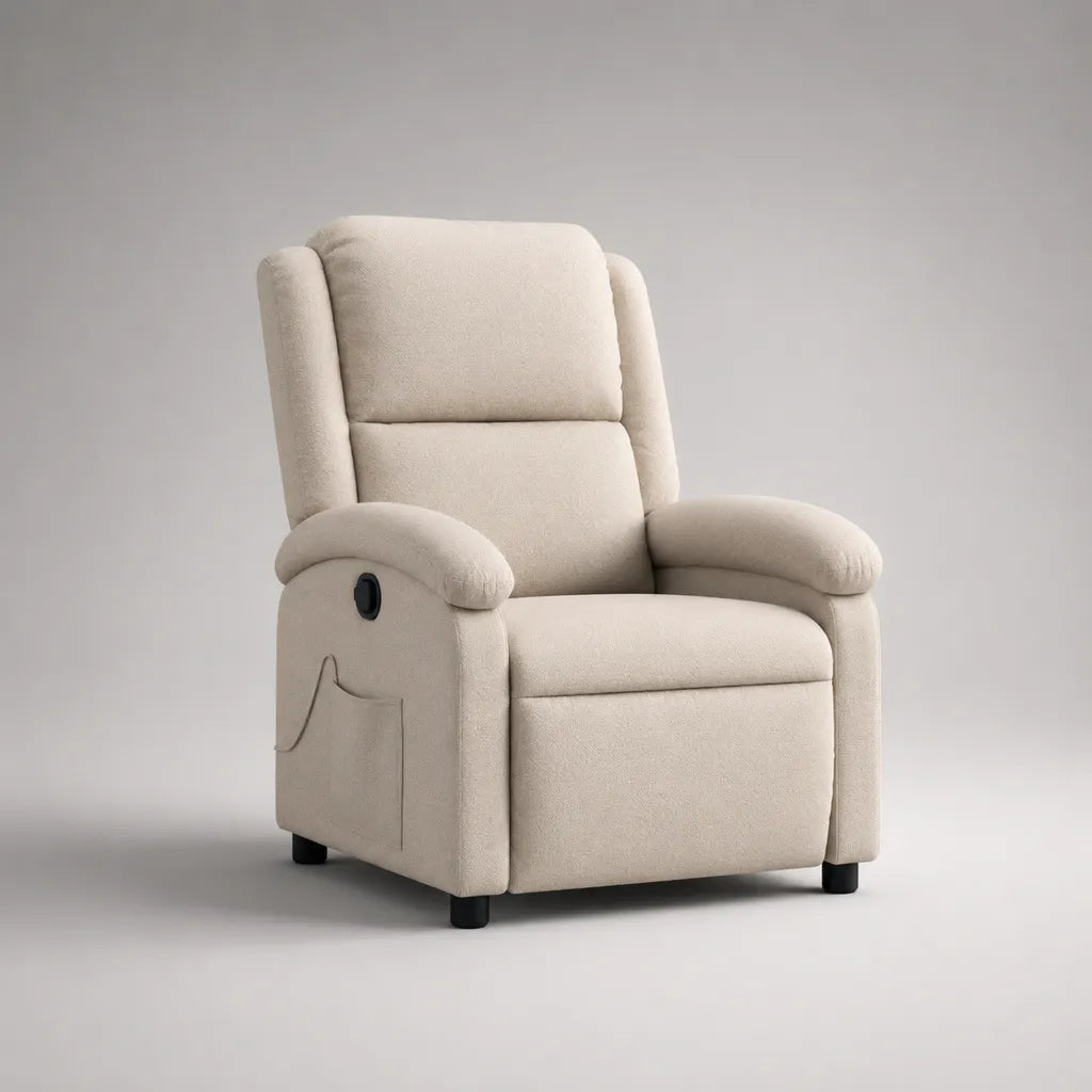 Fauteuil relax en tissu à coucher manuel et repose-pieds, blanc cassé, 84 × 92 × 103 cm