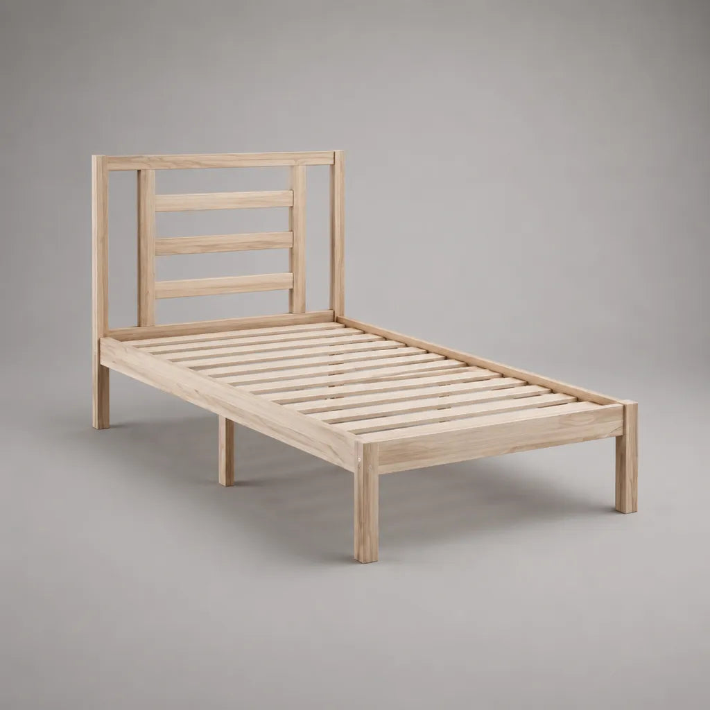 Lit simple en bois massif de pin avec grille, nature, surface plane 90 × 200 cm, dimension extérieure environ 98 × 208 × 100 cm