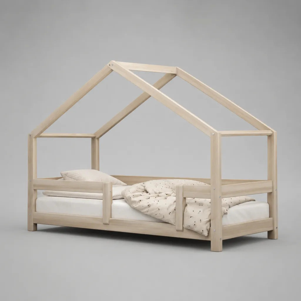 Lit bébé en bois massif de pin, nature, avec protection contre les chutes, couchage 90 × 190 cm, dimensions totales 198 × 98 × 160 cm