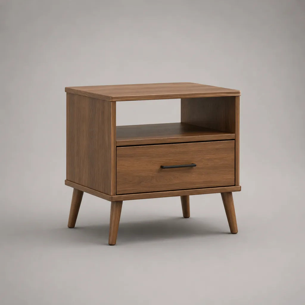 Table de chevet en MDF avec placage de noix, tiroir et fente ouverte, brun et noir, 50 × 40 × 60 cm
