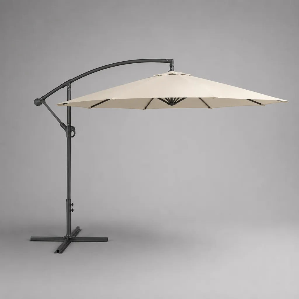 Parasol déporté carré 300 × 300 × 260 cm en métal et toile polyester beige, structure anthracite
