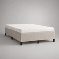 Lit rembourré avec matelas en mousse 160 × 200 cm, lit double sans tête de lit avec housse en tissu et cadre en bois, beige/blanc/noir