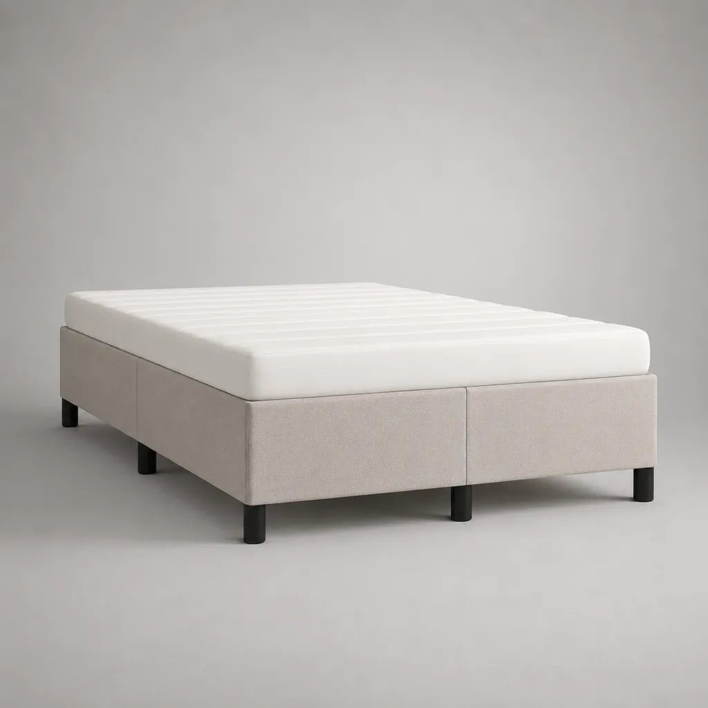 Lit rembourré avec matelas en mousse 160 × 200 cm, lit double sans tête de lit avec housse en tissu et cadre en bois, beige/blanc/noir