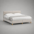 Lit double avec sommier à lattes en polyester et MDF, beige clair, lit 160 × 200 cm, dimensions totales 172 × 218 × 105 cm