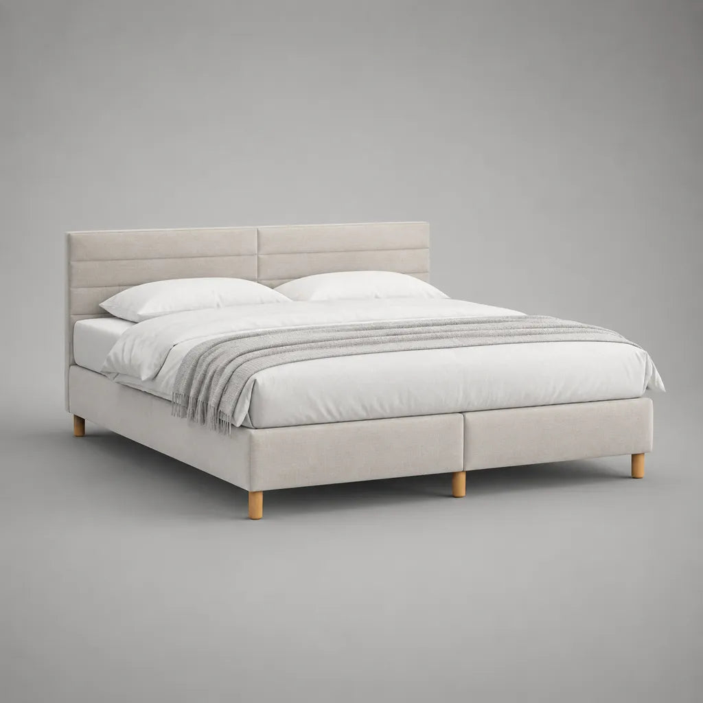 Lit double avec sommier à lattes en polyester et MDF, beige clair, lit 160 × 200 cm, dimensions totales 172 × 218 × 105 cm