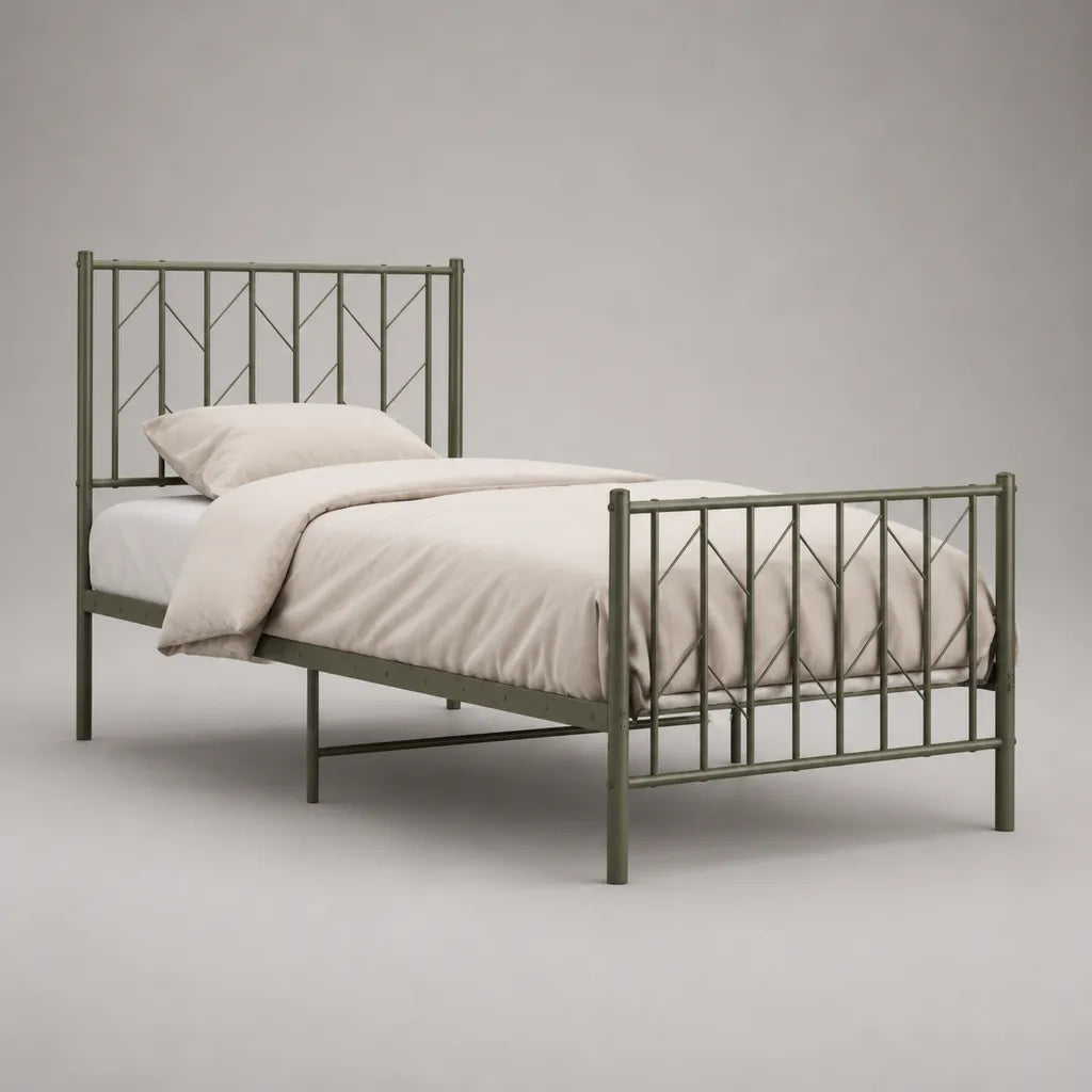 Lit en métal en acier vert olive, lit simple 90 × 190 cm avec tête et pied