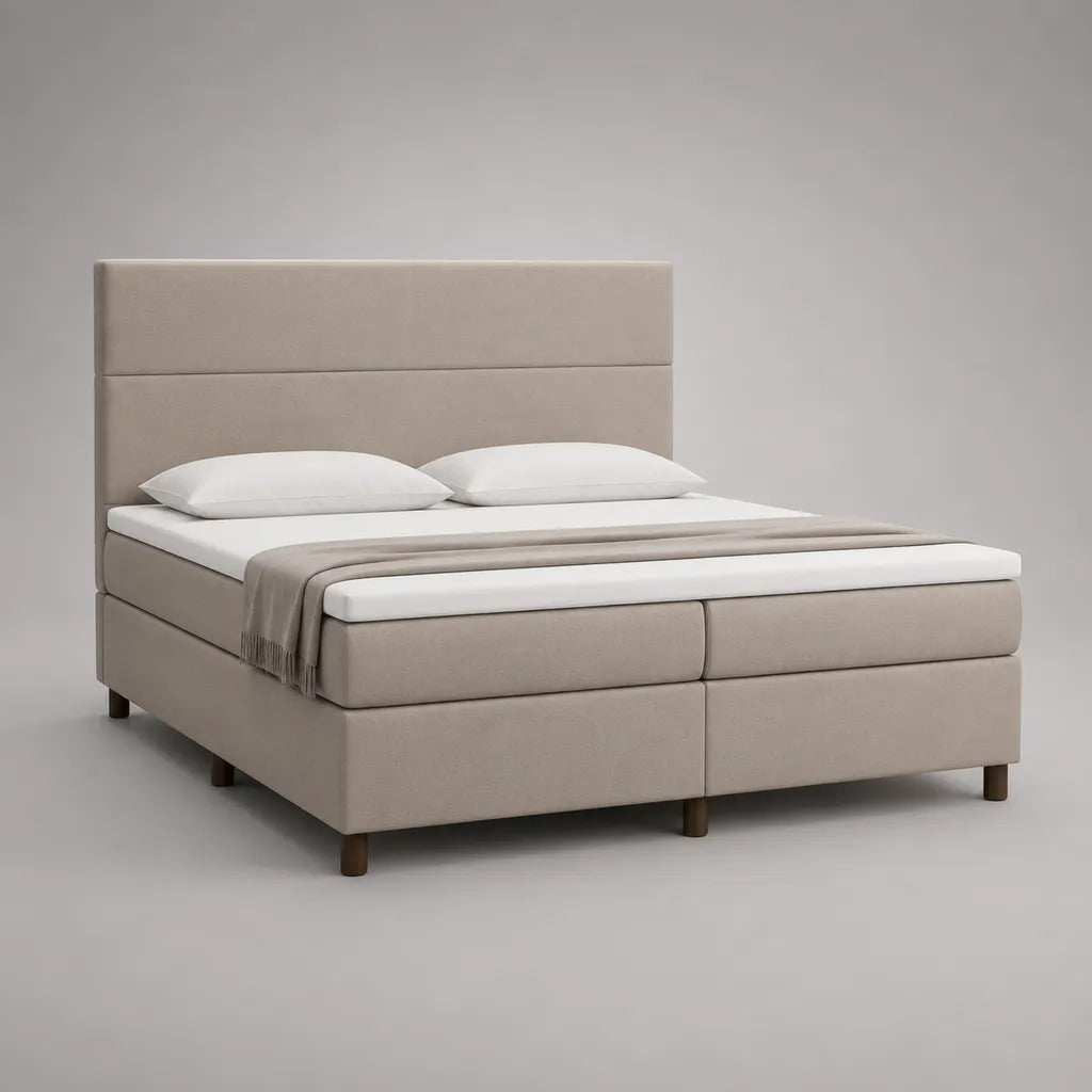 Lit double avec tête de lit, matelas à ressorts et topper, microfibre polyester, beige, 180 × 200 cm