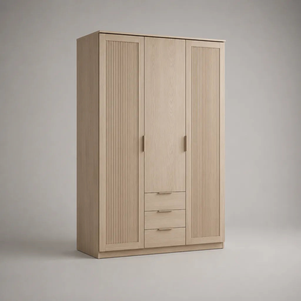 Armoire 3 portes en panneau de particules recouvert de mélamine, beige/brun clair, 150 × 55 × 210 cm, avec 3 tiroirs