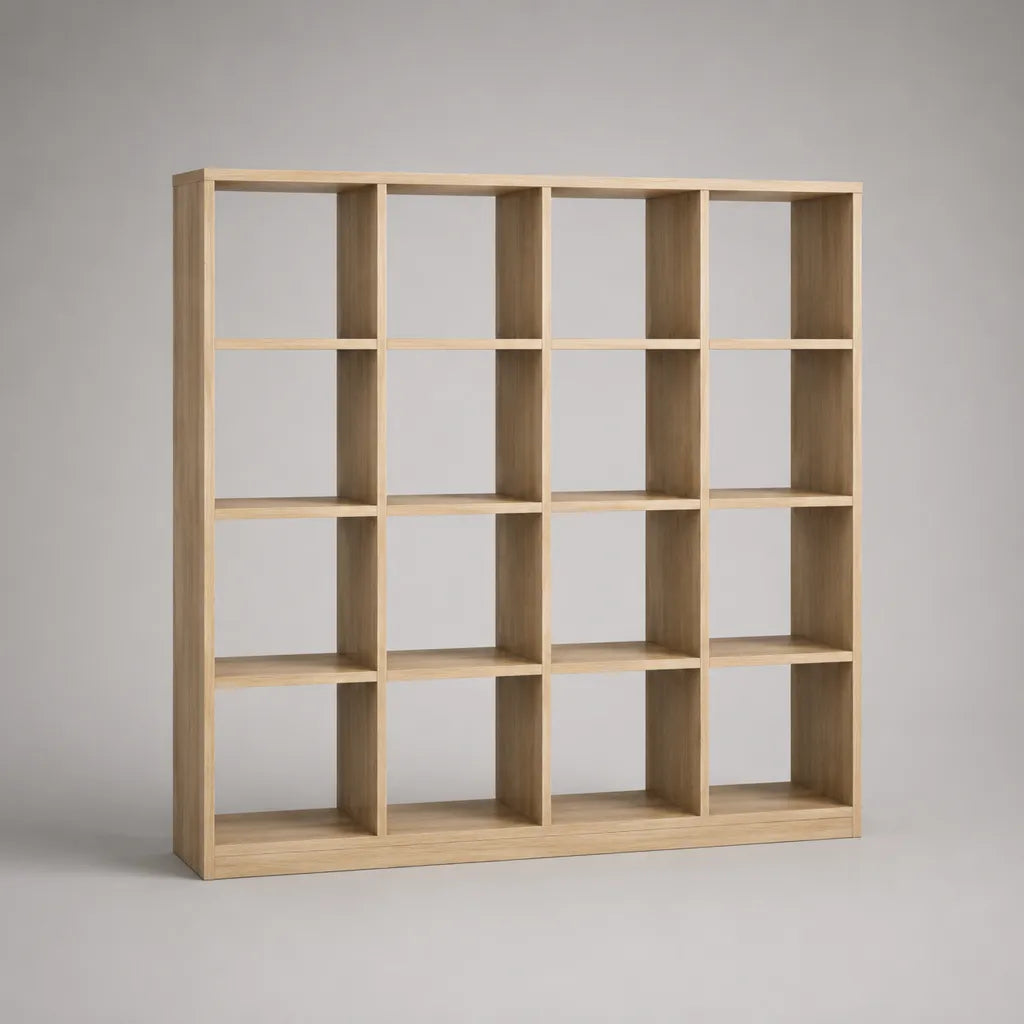 Bibliothèque et compartimentage avec 16 compartiments en panneau de particules recouvert de mélamine, chêne clair, 147 × 30 × 147 cm
