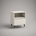 Table de chevet blanche en bois avec tiroir et compartiment ouvert, 40 × 35 × 60 cm
