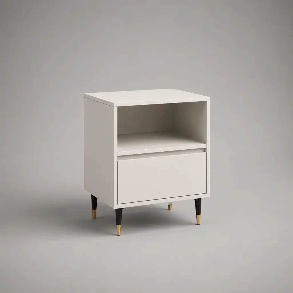 Table de chevet blanche en bois avec tiroir et compartiment ouvert, 40 × 35 × 60 cm