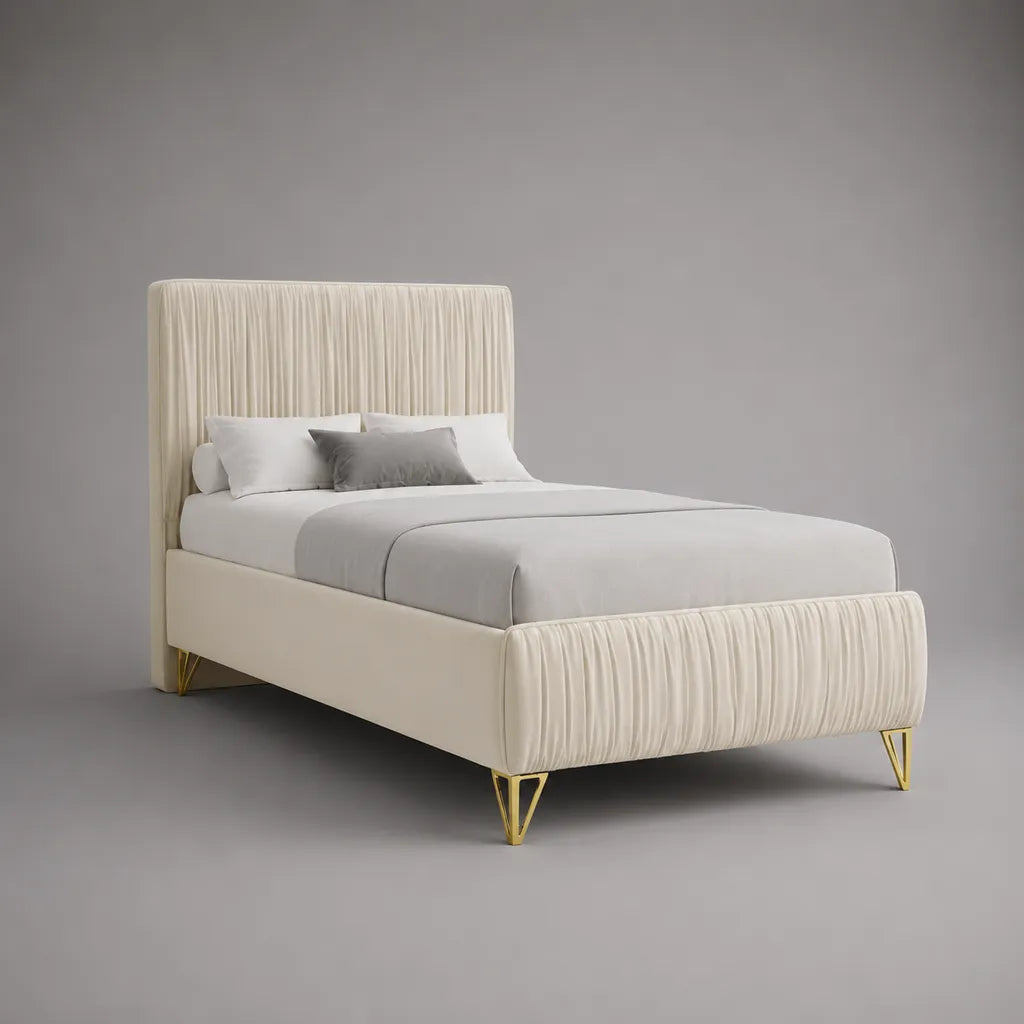 Lit rembourré avec housse en tissu et pieds en acier, crème et or, couchage 160 × 200 cm