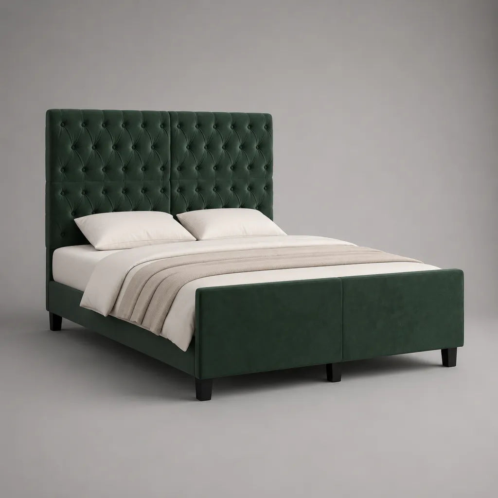 Lit double matelas en polyester, vert foncé, couchage 160 × 200 cm, dimensions totales 215 × 170 × 120 cm