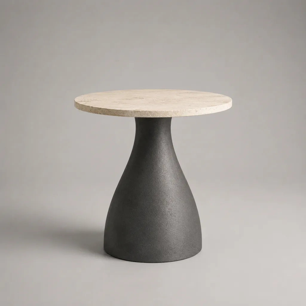 Table de contact rond en travertin beige et acier anthracite Ø 50 × H 50 cm