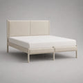 Lit rembourré en métal et tissu, blanc cassé, surface allongée 180 × 200 cm, dimensions extérieures 190 × 214 × 110 cm