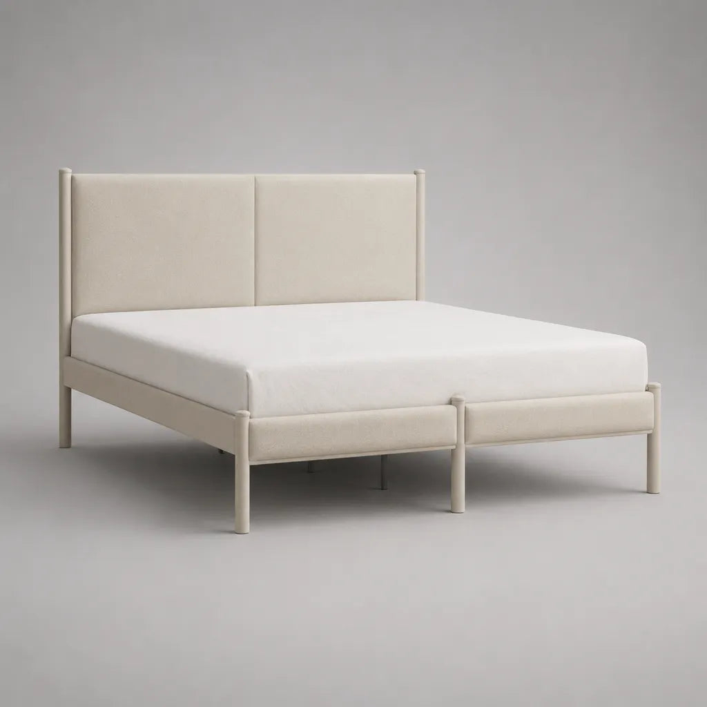 Lit rembourré en métal et tissu, blanc cassé, surface allongée 180 × 200 cm, dimensions extérieures 190 × 214 × 110 cm