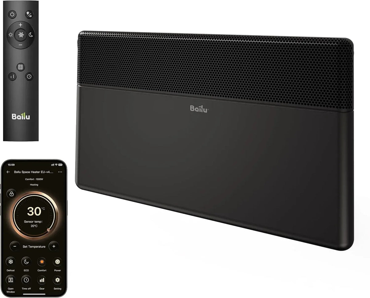 Radiateur électrique, 2000 W, roulettes de déplacement, Wi-Fi, thermostat, noir, App & Télécommande