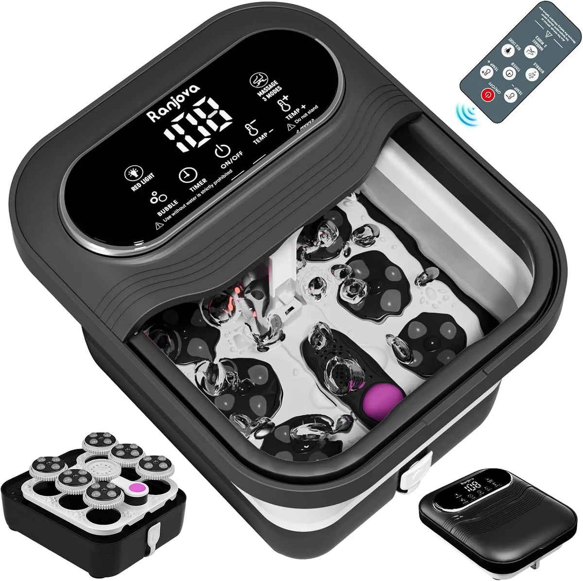 contrôle de la température et 24 balles de massage shiatsu motorisées, Ranjova Massage rotatif électrique pliable pour les pieds, bain de pieds avec