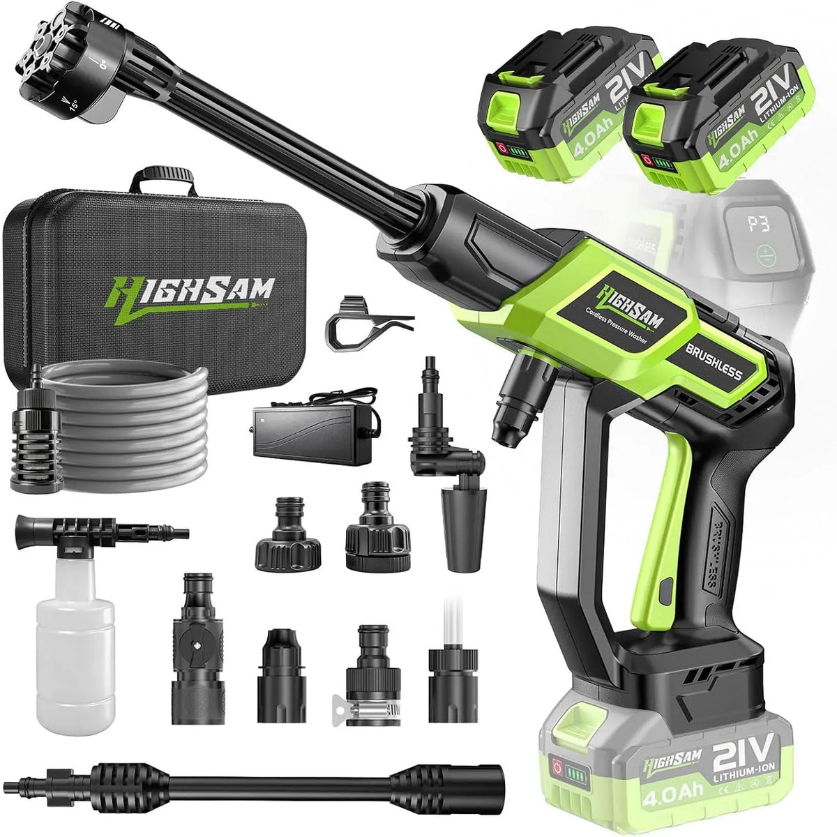 Nettoyeur haute pression 20L/Min 4.0Ah, 3000 W, 3 vitesses, 135Bar, Buse 6 en 1 Rotative 180°, Moteur sans Balais 3000W 3 Vitesses