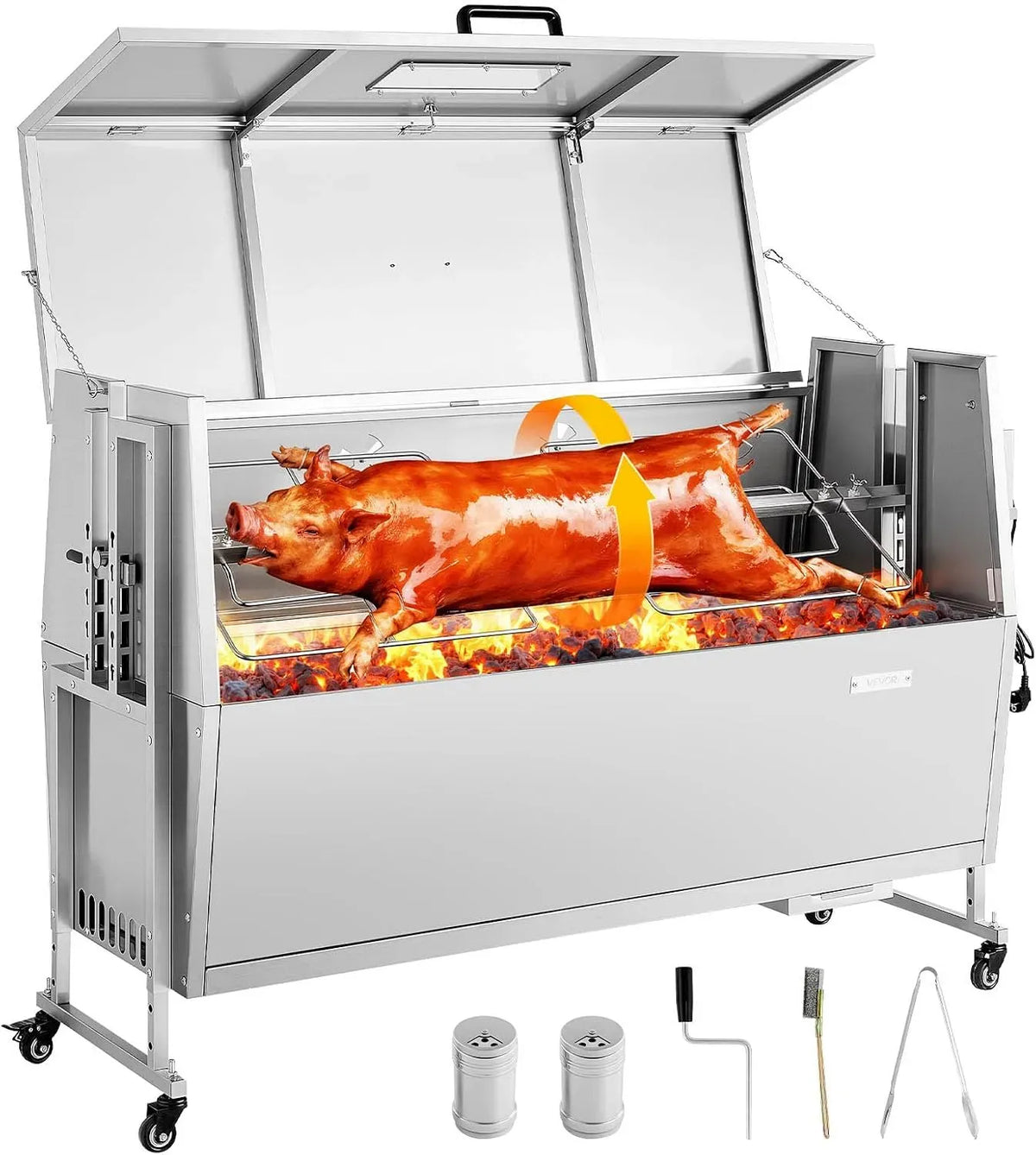 VEVOR Barbecue, 38 W, 60 kg, camping, acier inoxydable, 4 Niveaux, bois, pour Agneau Porcelet