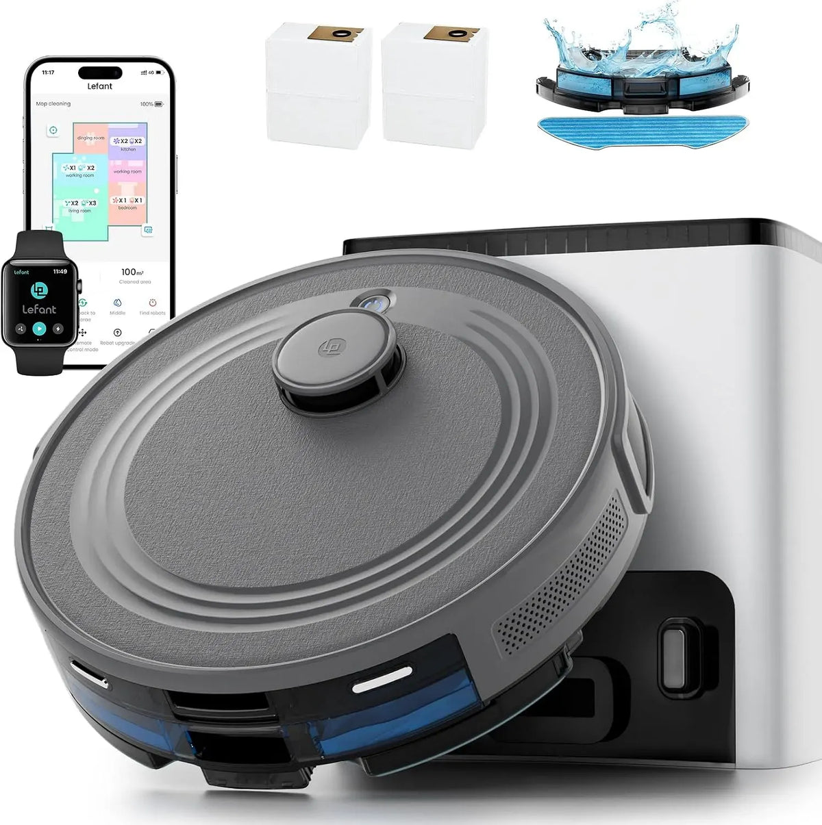 Lefant M2S 240Min Aspirateur, Wi-Fi, gris, Auto-Charge Autonomie, 10000Pa d'Aspiration, Alexa/App/WiFi