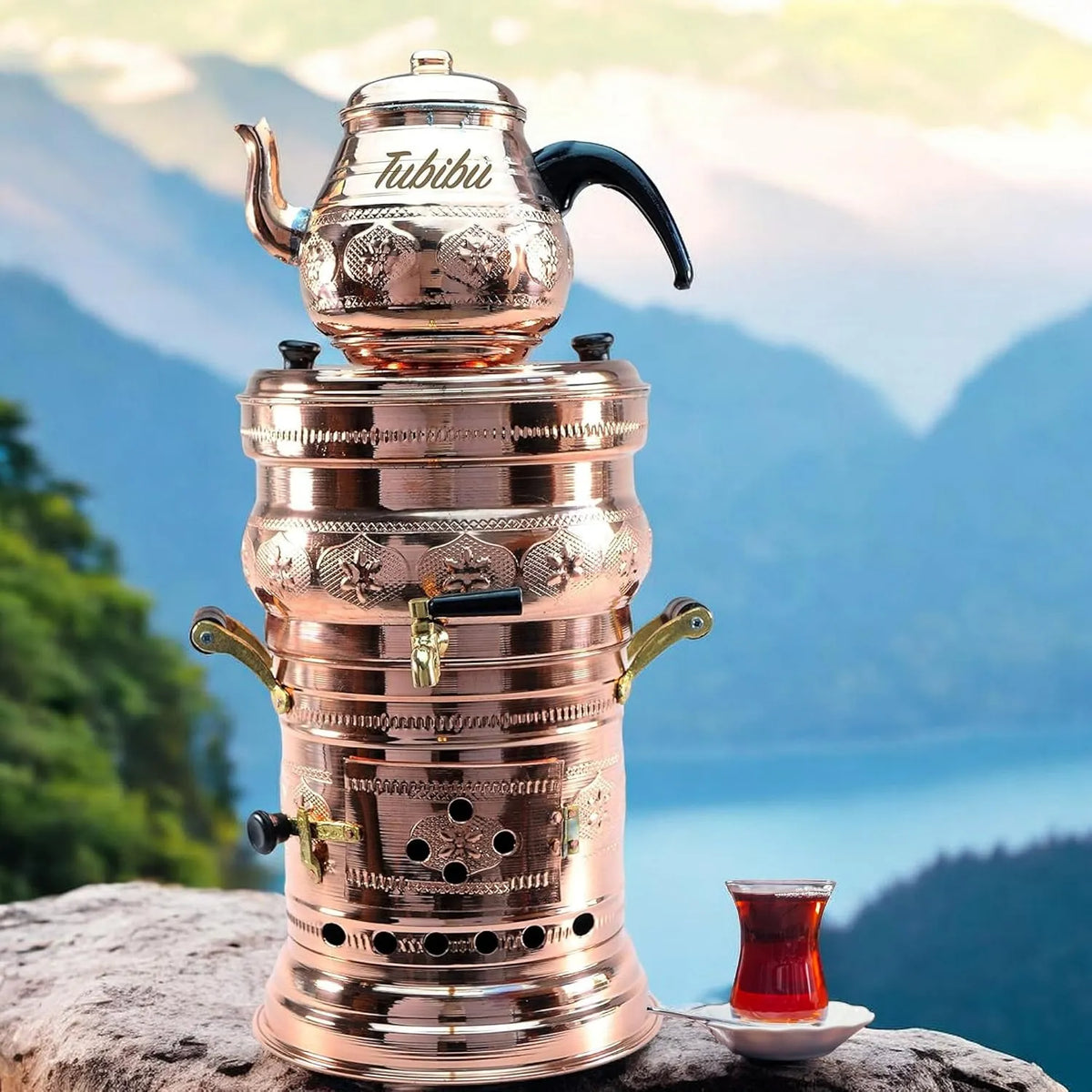 taille moyenne, Ensemble théière Samovar Tubibu en cuivre fait main au charbon de bois