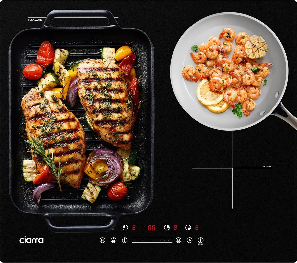 CIARRA Plaque à induction, 60cm, 4 foyers, 7200 W, table de cuisson à induction, zone flexible, Boost, verrouillage, minuteur, Fonction Boost