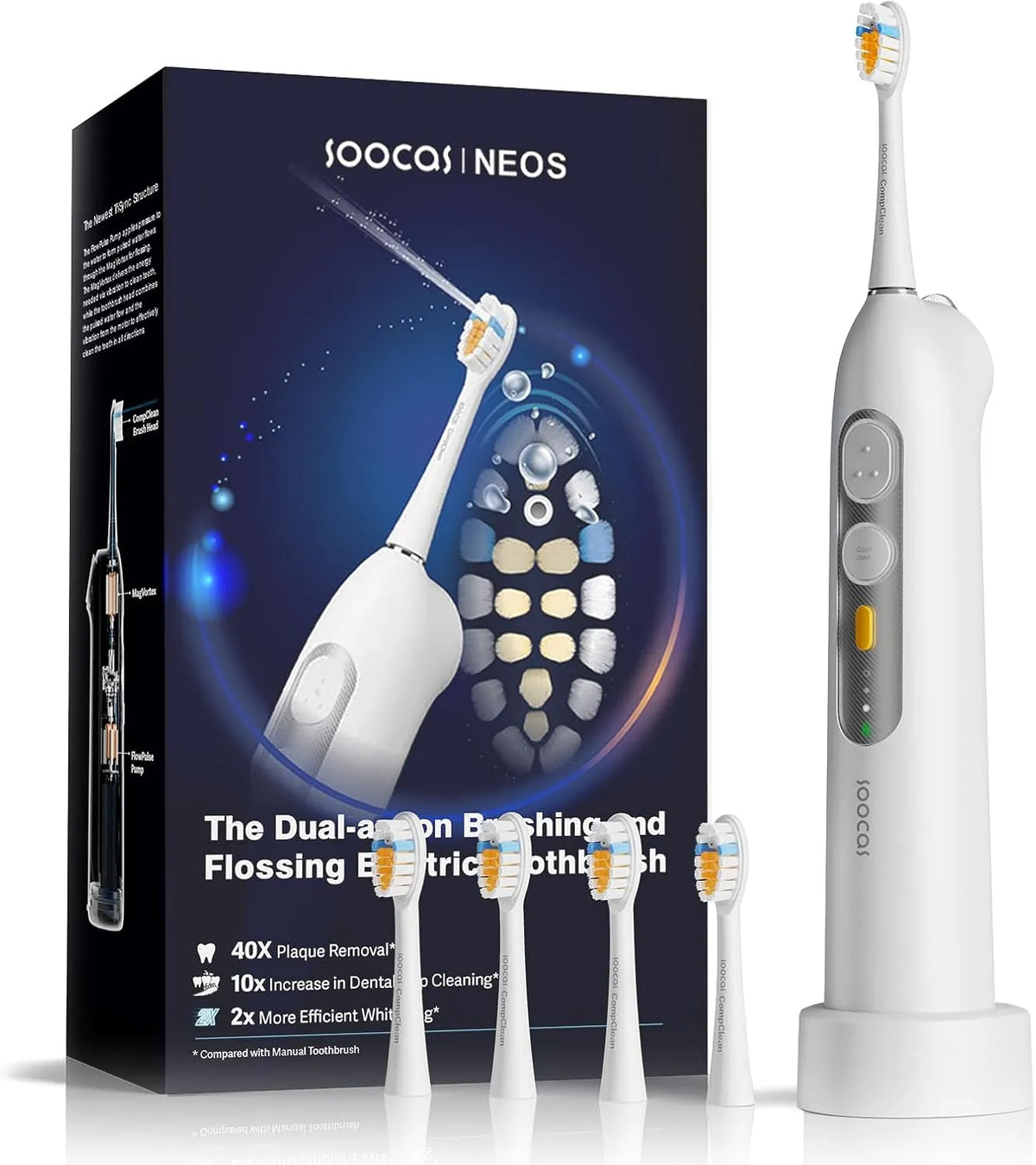 40x Brosse, brosse à dents rechargeable, hydropulseur dentaire électrique, grand réservoir, sans fil, pour adultes, SOOCAS