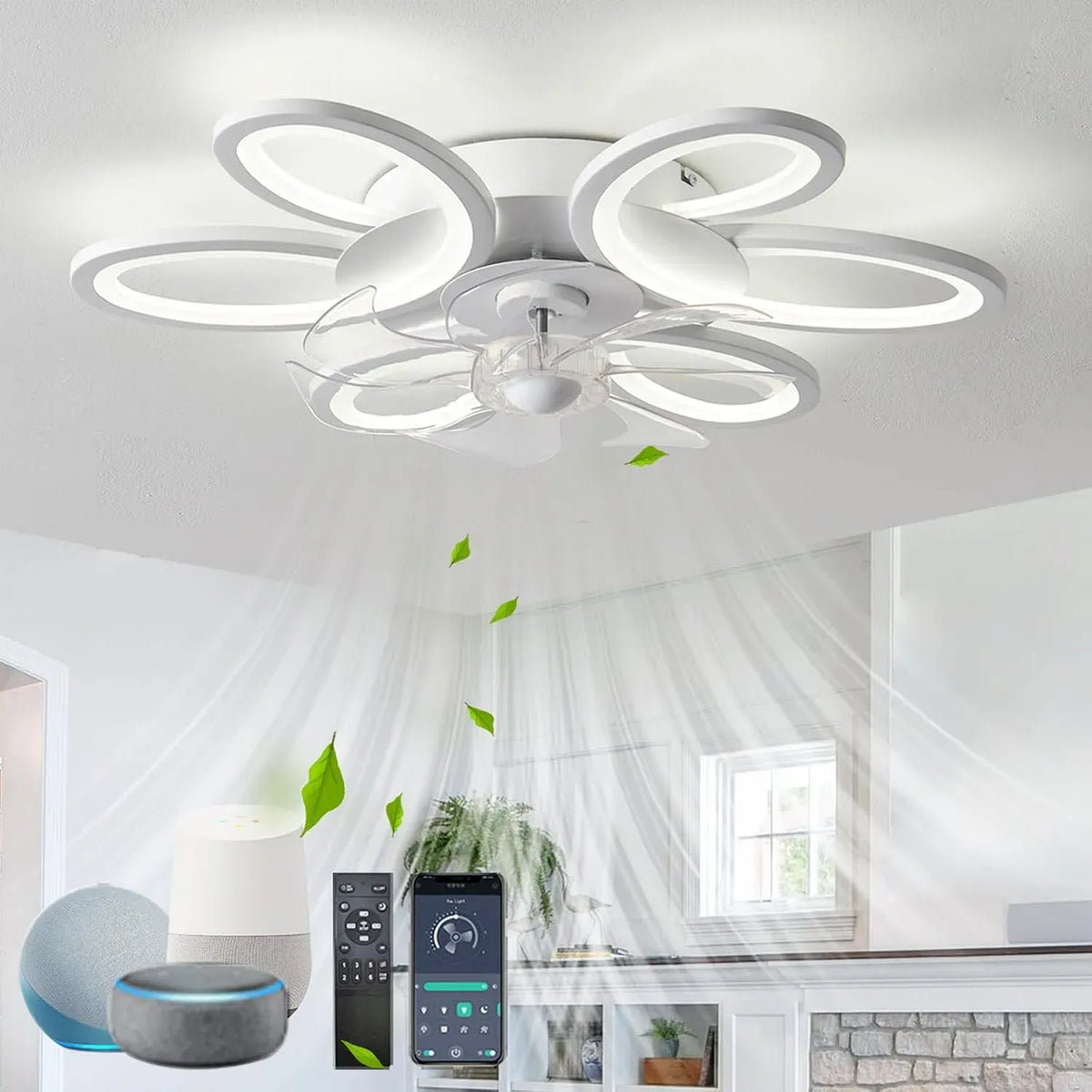 Google DC 6 Ventilateur, décoration de salon, silencieux, Google Assistant, Alexa et Siri, blanc