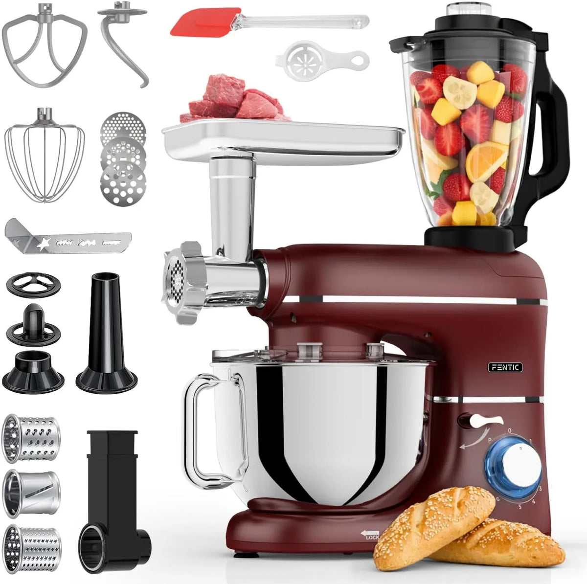 Blender, 1,5 L, 2000 W, rouge, 6,2L Bol Mélangeur, 6 en 1 Robot Pâtissier, 6,2 L