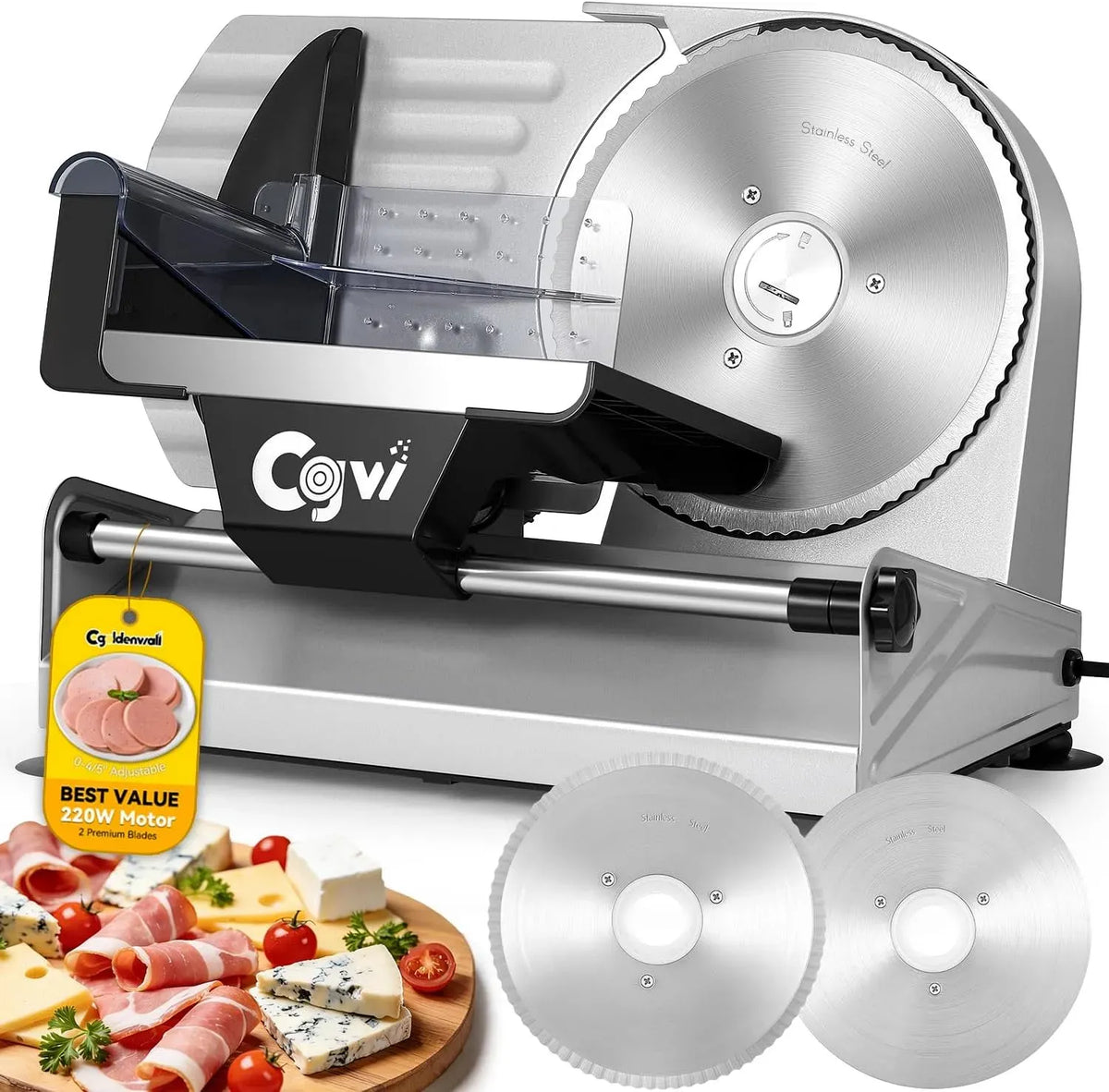trancheuse alimentaire pour viande, fromage, Trancheuse à viande électrique 220 W, épaisseur réglable de 0 à 20 mm, avec 2 lames amovibles en acier